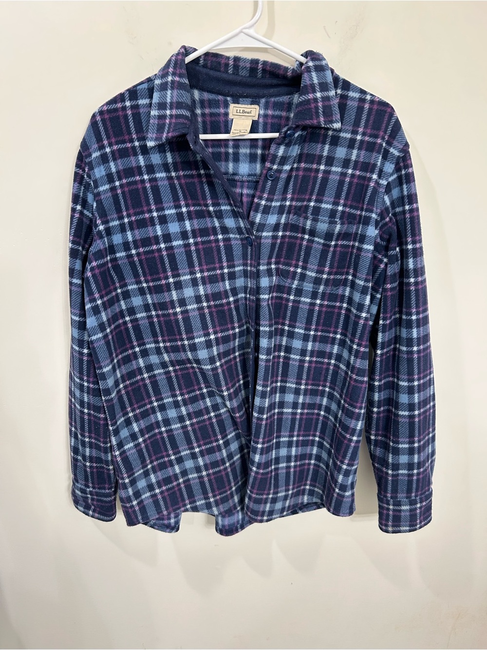 L.L. Bean Navy and Light Blue Plaid Fleece Button-Down Shirt